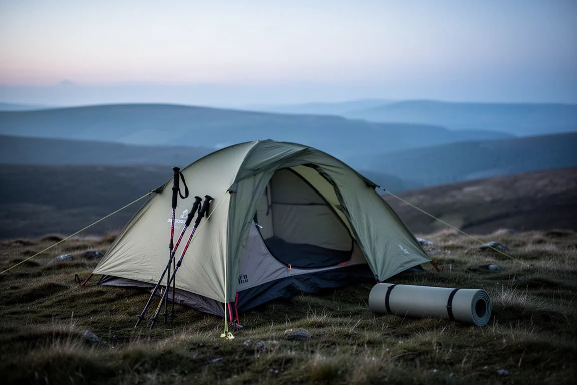 Tente légère montée sur une crête de lande herbeuse au crépuscule, avec des bâtons de randonnée à proximité