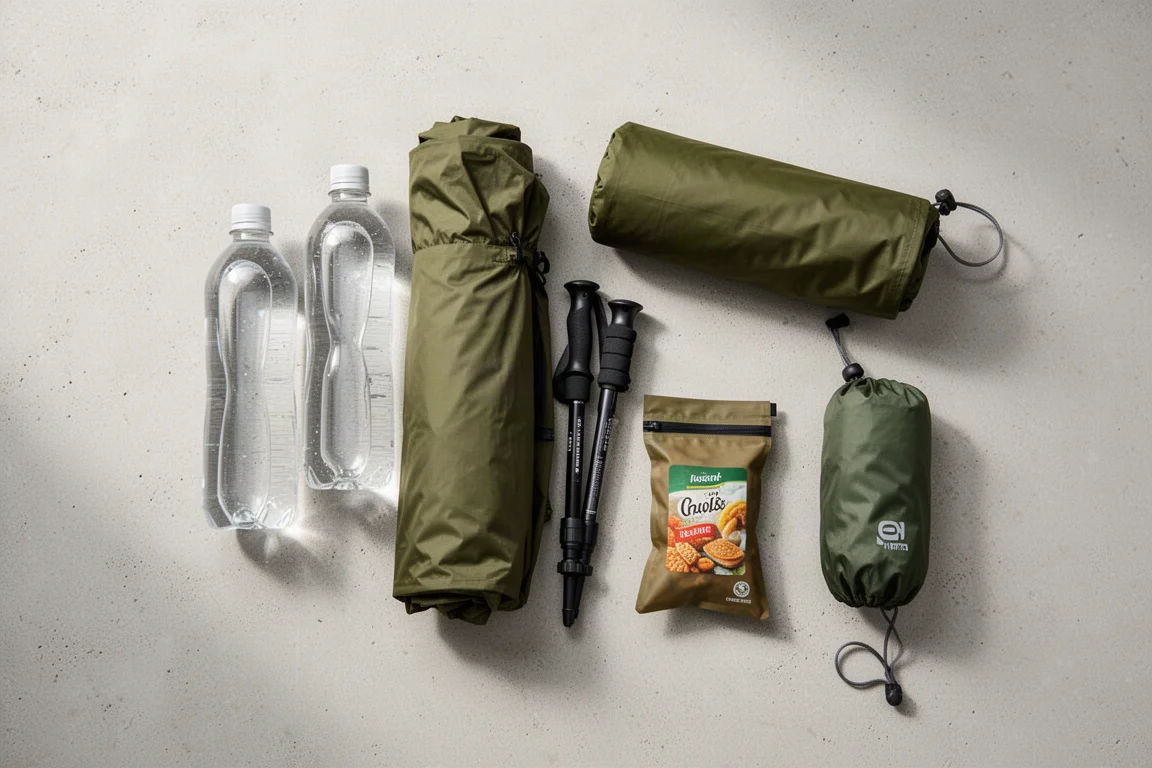 Vue à plat des accessoires de randonnée sur béton, avec gourdes, vêtements imperméables et bâtons