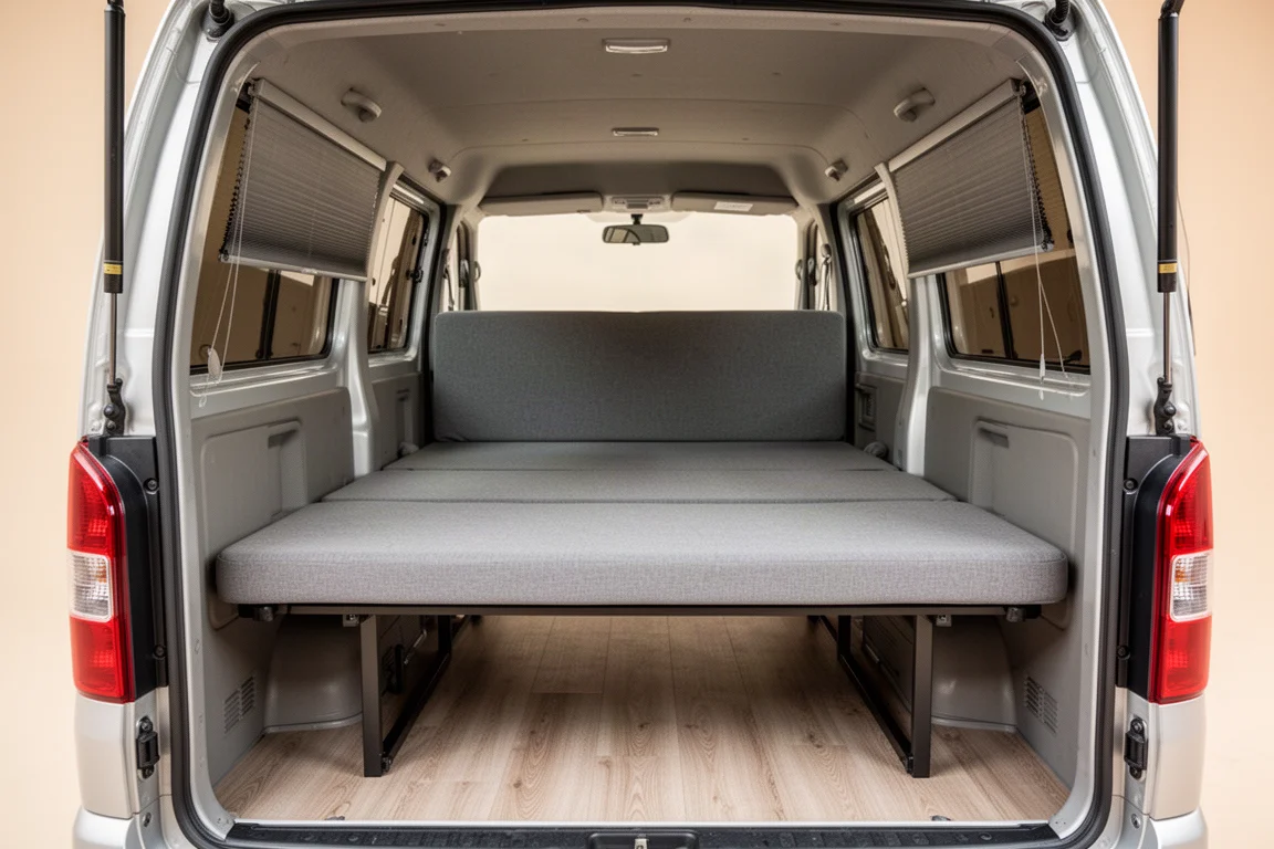 Intérieur d'une conversion de van avec une banquette se transformant en lit et des vitres teintées