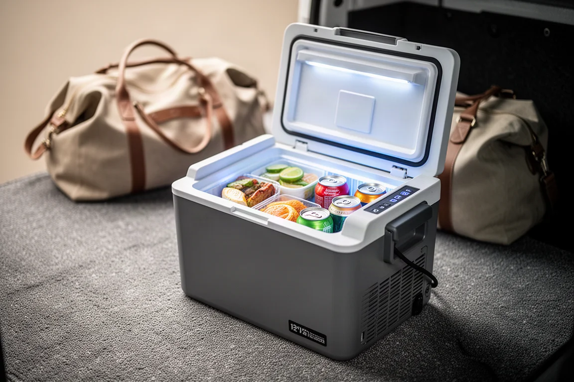 Réfrigérateur portable 12 volts ouvert à l'intérieur d'un van avec des aliments soigneusement rangés