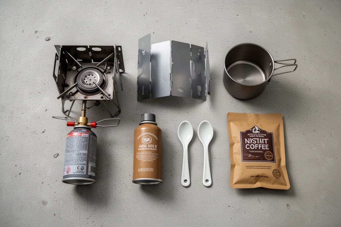 Vue à plat d'un kit café de camping compact avec réchaud, casserole et café instantané