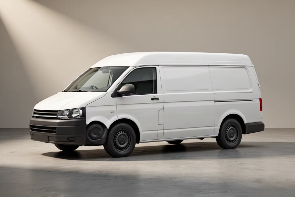 White low-roof full-size van photographed at a three-quarter angle on a concrete surface