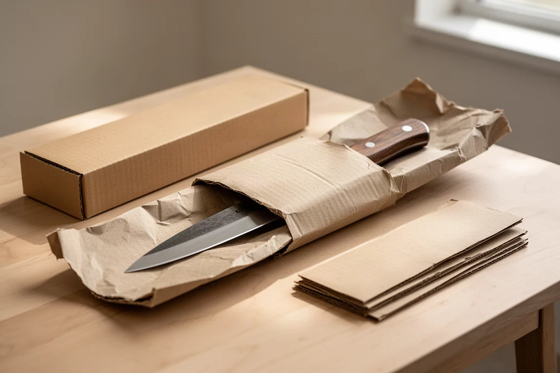 Ein Tall-Bunka-Küchenmesser, ausgepackt aus einfacher Schutzw硒verpackung auf einem Holztisch