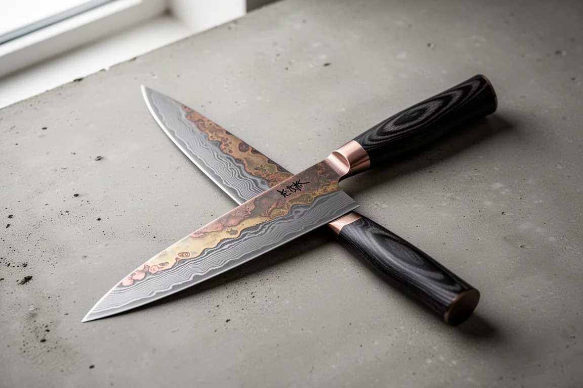 Forester Knives tall bunka knife with rainbow Damascus blade on a concrete surface