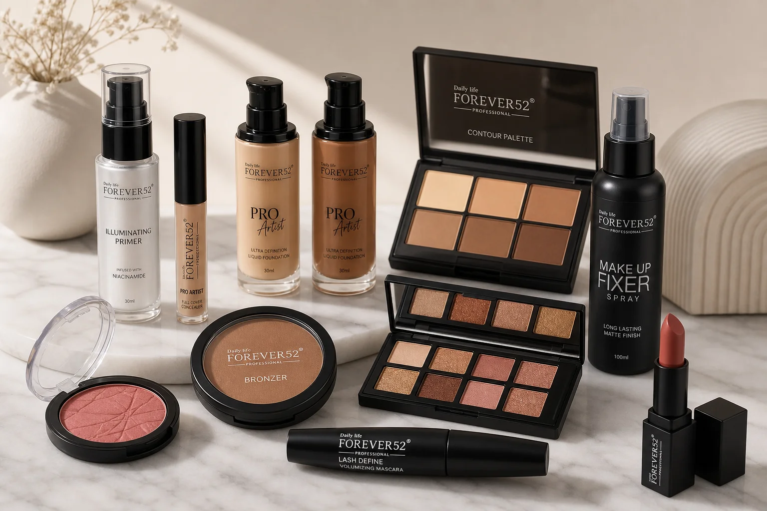 Forever52 makeup product collection arranged on marble surface
