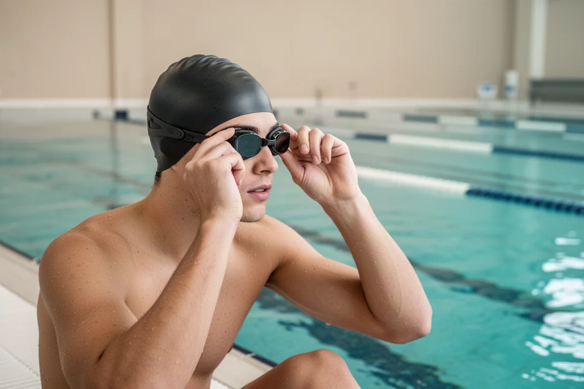 Swimmer adjusting smart goggles with a swim cap in a pool lane