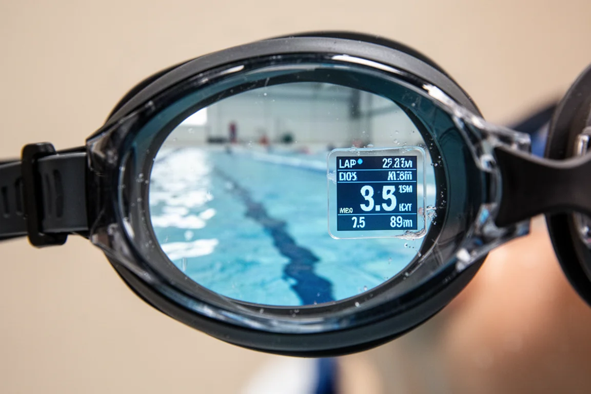 Smart goggles display overlay showing swim stats in a bright indoor pool
