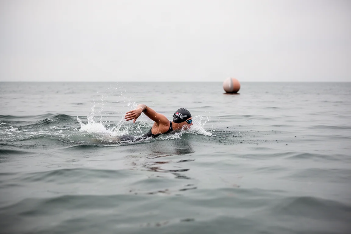Open water swimmer sighting a buoy across choppy lake water