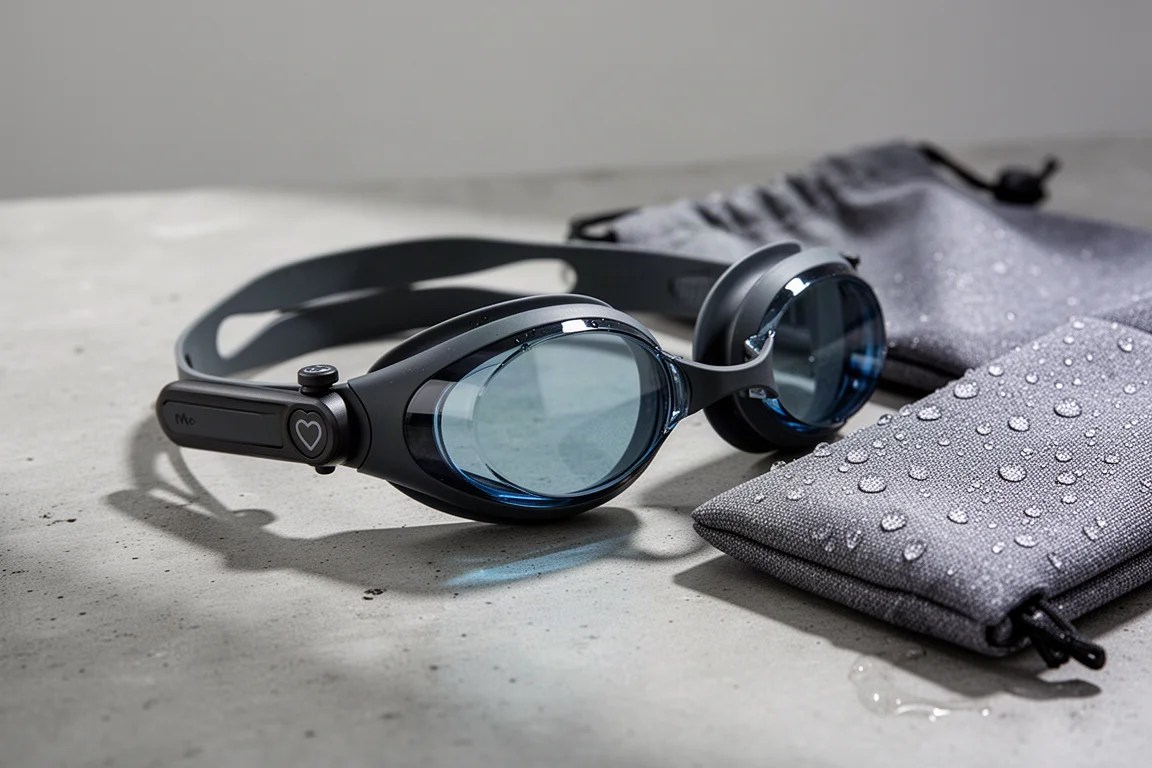 Occhialini smart FORM Smart Swim 2 con unità tecnologica e sensore di frequenza cardiaca accanto a una custodia grigia