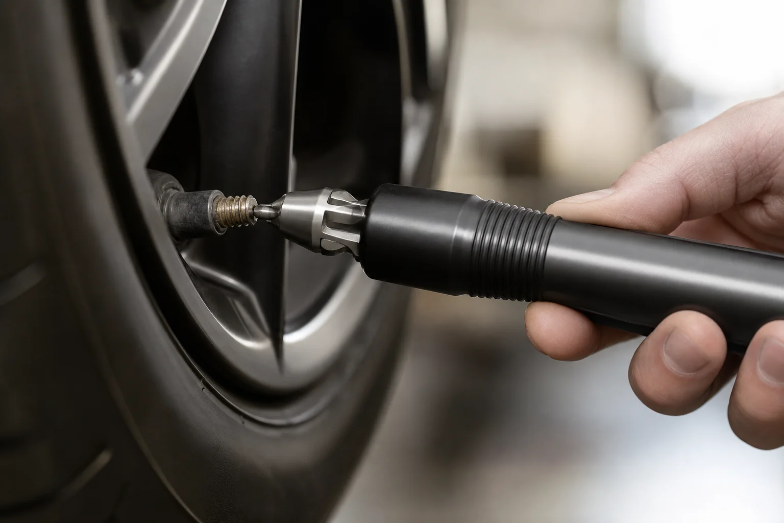 Motorcycle tire valve stem with gel application tool positioned for installation