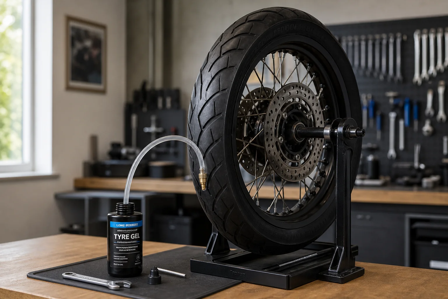 Motorcycle wheel and tire during gel application process in workshop setting
