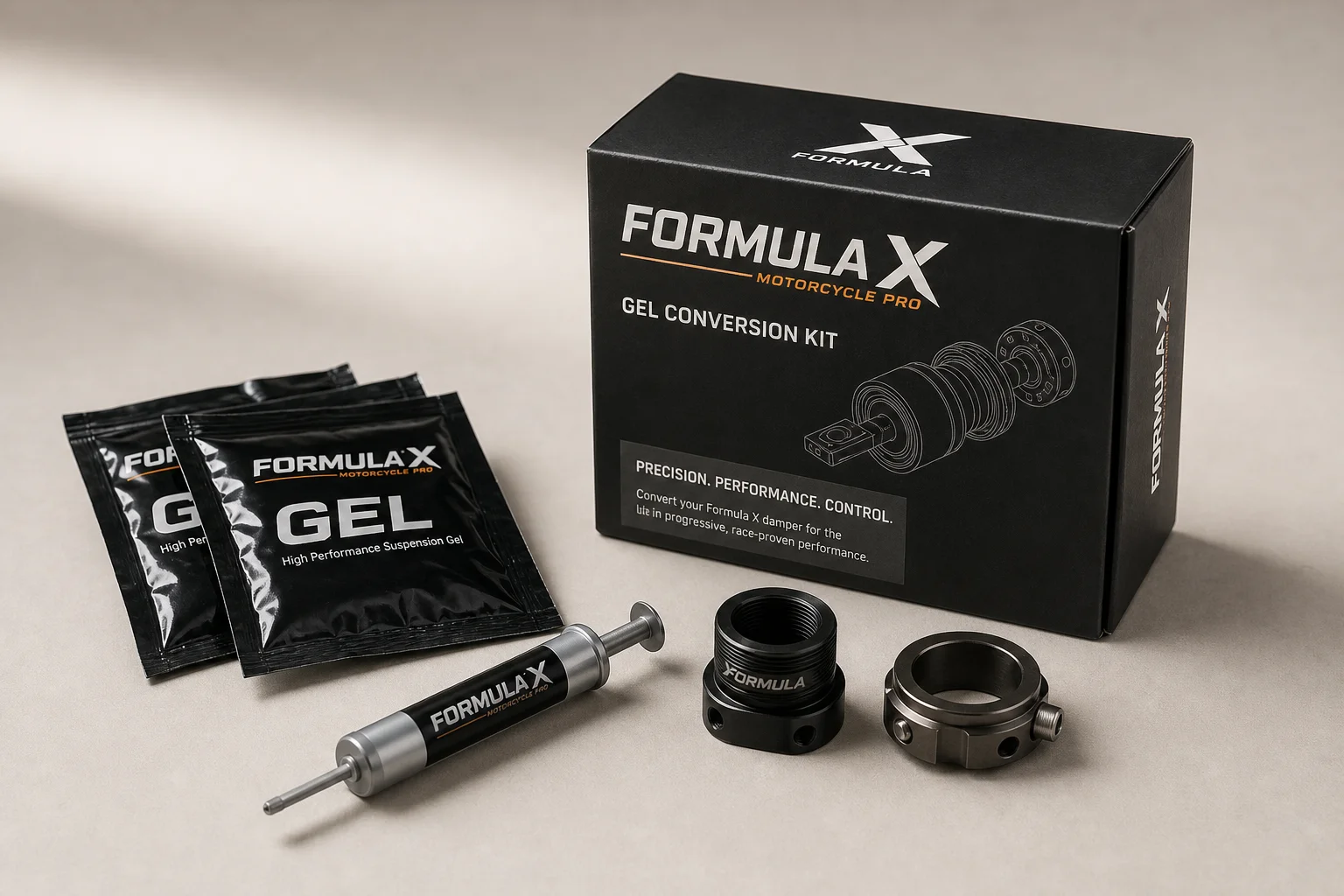 Formula X Motorcycle Pro 凝膠轉換套件，包含包裝袋與應用工具，放置於中性背景上