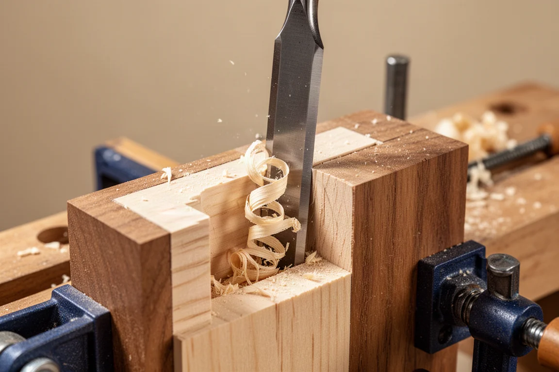 Meißel glättet die Seiten eines Zapfenlochs mit einer eingespannten Holzführung