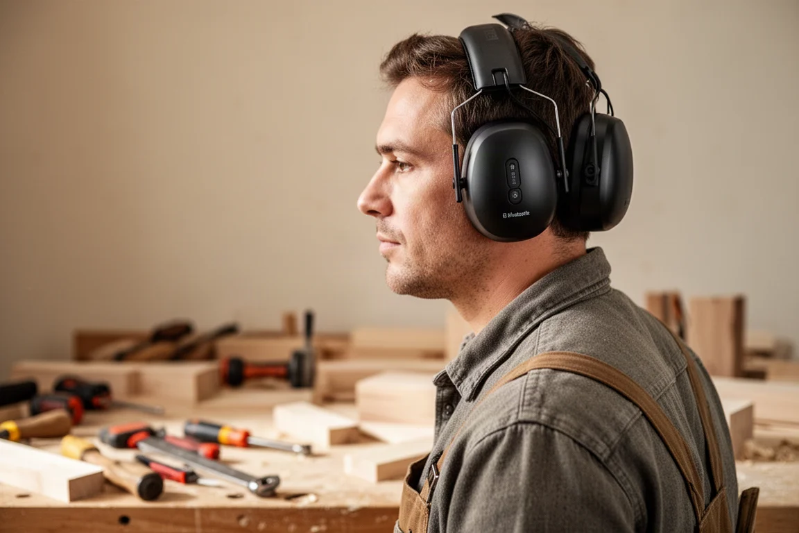 Person trägt Bluetooth-Gehörschutzkapseln bei der Arbeit in einer Werkstatt