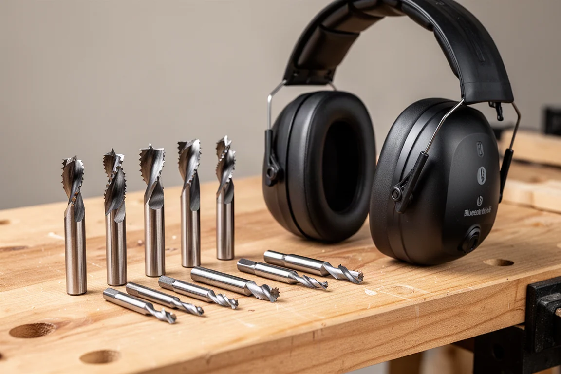 Famag Forstner bits 與 ISOtunes Bluetooth 聽力保護耳罩置於木製工作檯上