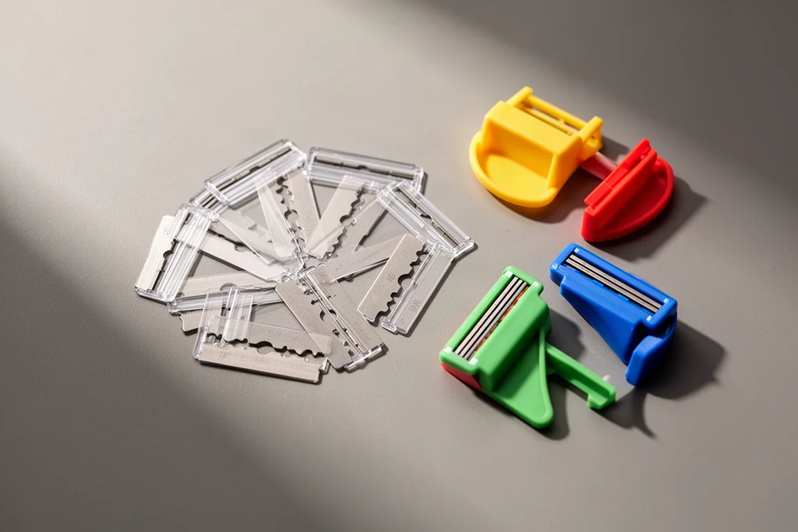 Dunne plastic razor blades op een werkbank naast houders voor scrapers