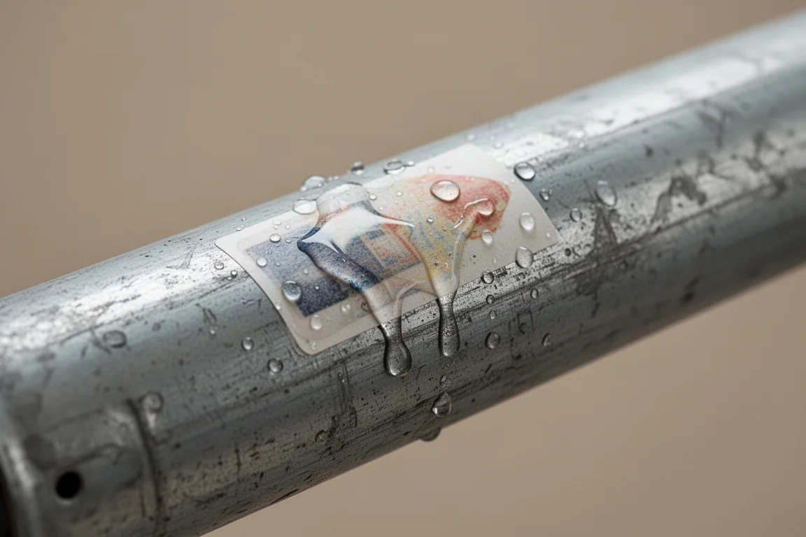 Lijmverwijderaar aangebracht op een sticker op een metalen buis vóór het schrapen