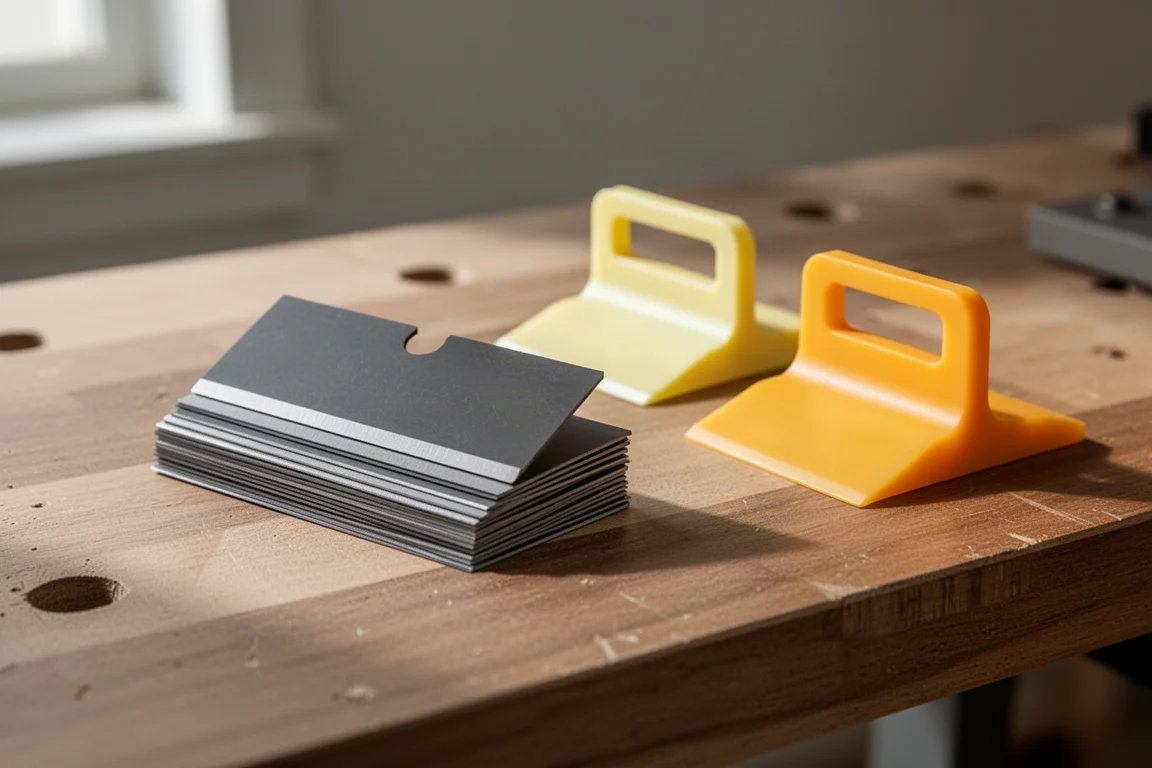 Stack of double-sided plastic razor blades beside two scraper holders on a workbench