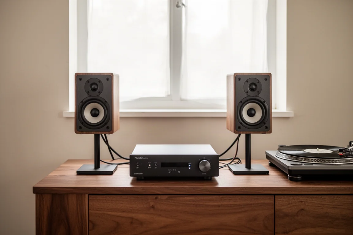 Kompaktowy zestaw hi-fi na biurku z kolumnami podstawkowymi, wzmacniaczem i gramofonem