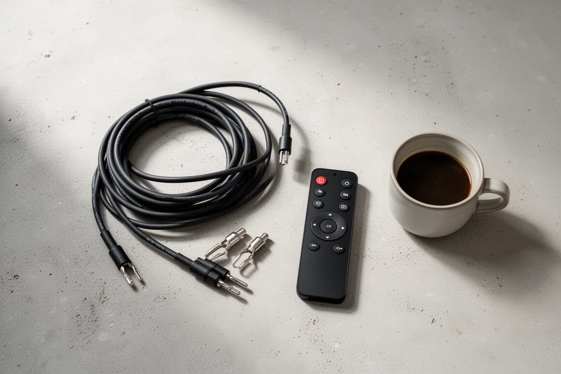 Widok z góry na kabel głośnikowy, wtyki bananowe, pilot i filiżankę kawy