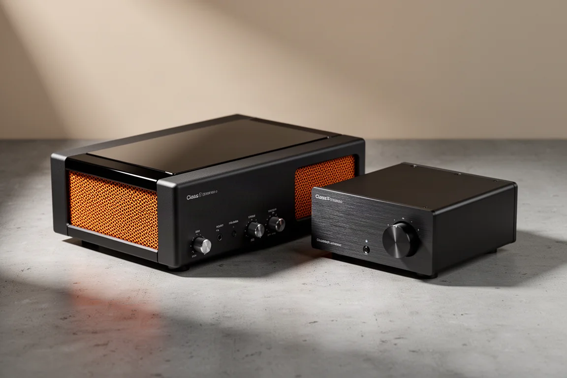 Two compact Class D desktop amplifiers on a matte concrete surface in soft studio light