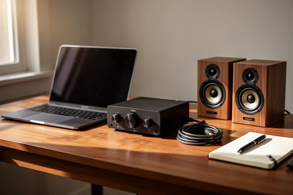 Compatto amplificatore da scrivania accanto a un laptop e a piccoli diffusori da scaffale su una scrivania in legno