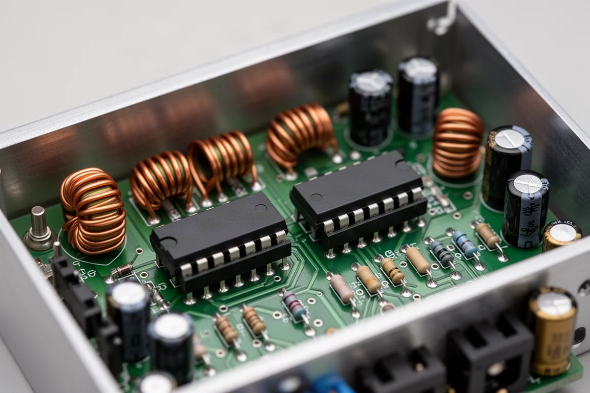 Vista macro di chip op amp su zoccolo, induttori e condensatori su una piccola scheda a circuito