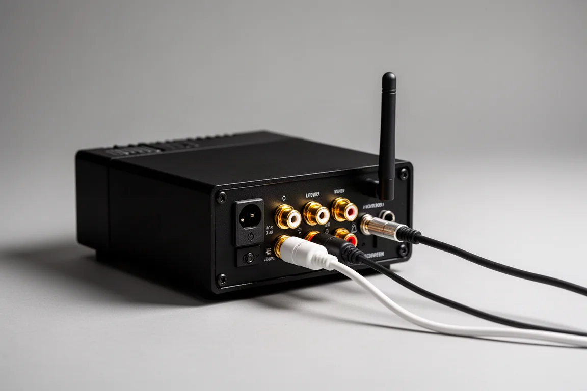 Pannello posteriore di un compatto amplificatore con terminali per diffusori e un cavo per subwoofer collegato