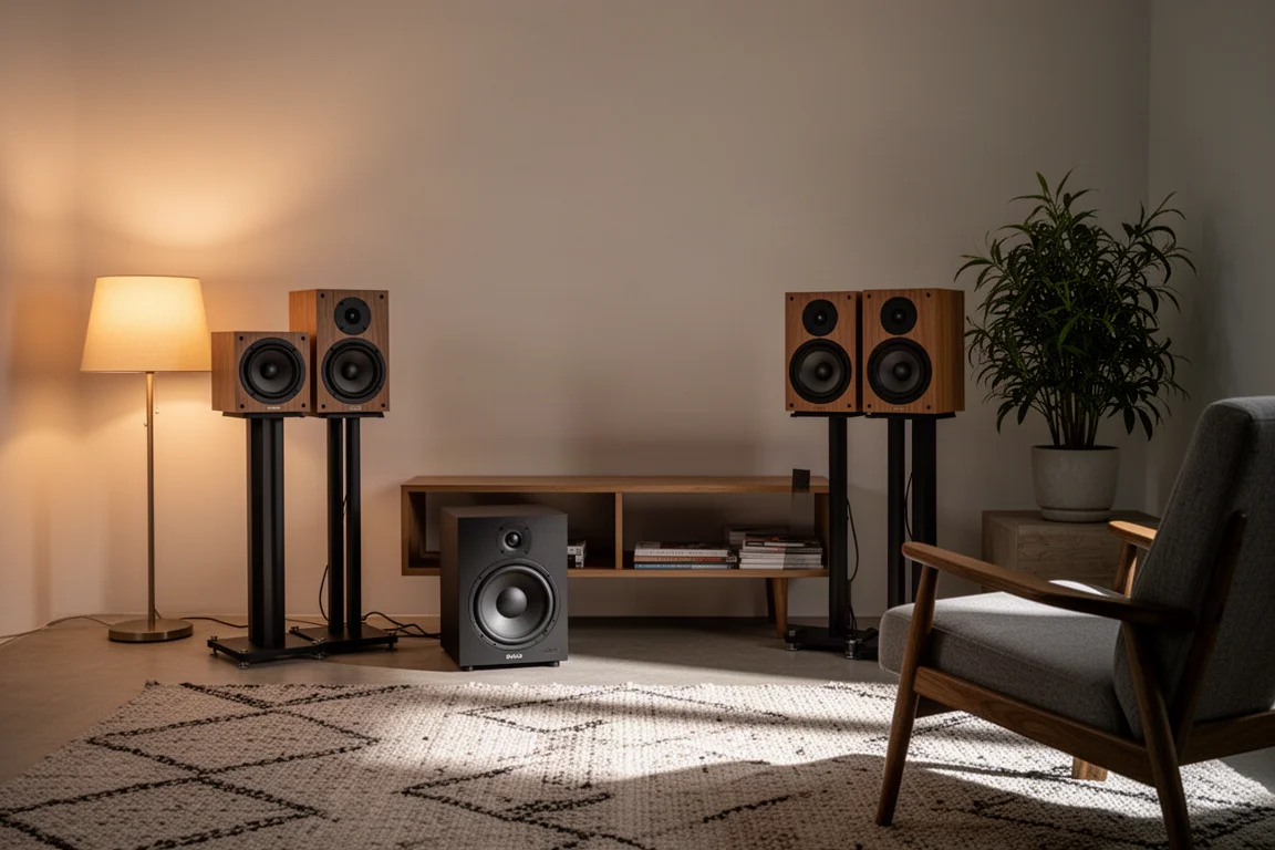 Piccoli diffusori da scaffale su stand con un compatto subwoofer in un angolo ordinato del soggiorno