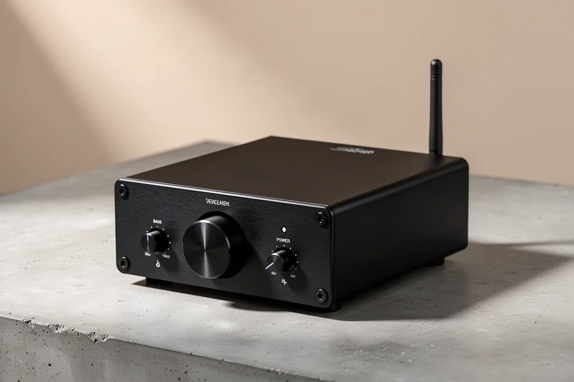 Compact black desktop amplifier with a large volume knob and a rear Bluetooth antenna