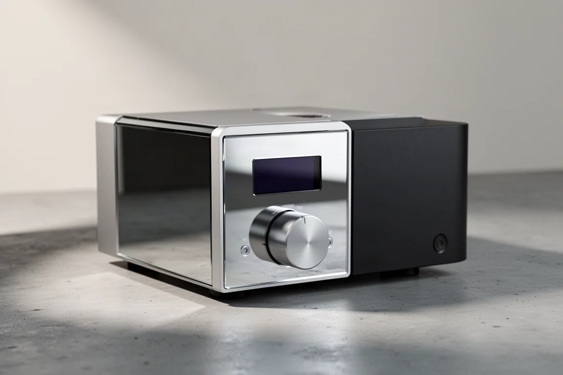 Compact mirrored-front desktop amplifier with display and volume knob on concrete