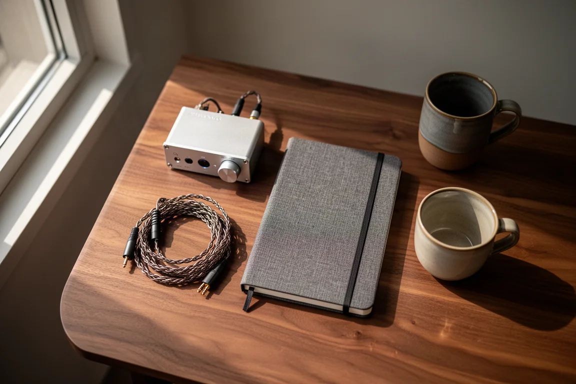 Vista cenital de un puesto de audio de escritorio con amplificador, cable enrollado y cuaderno