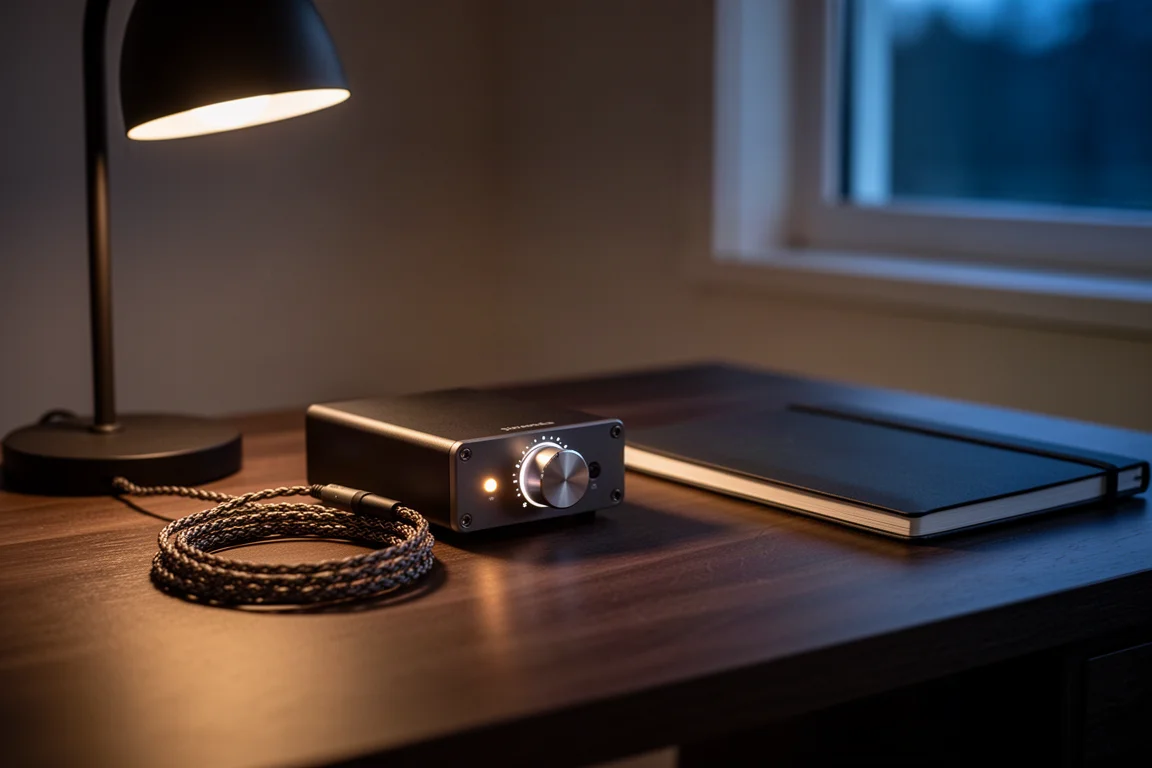 Escena nocturna de escritorio con un amplificador compacto, cable enrollado y la cálida luz de una lámpara