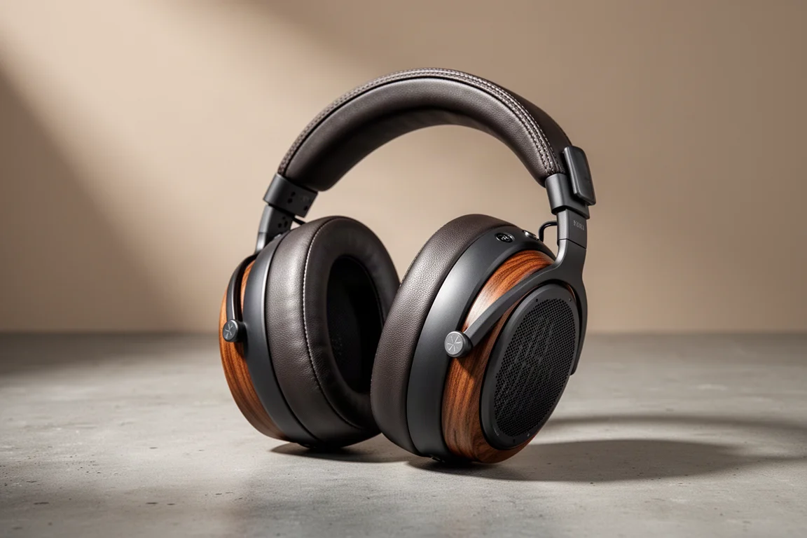 Open-back planar magnetic over-ear headphones with walnut earcups and leather pads