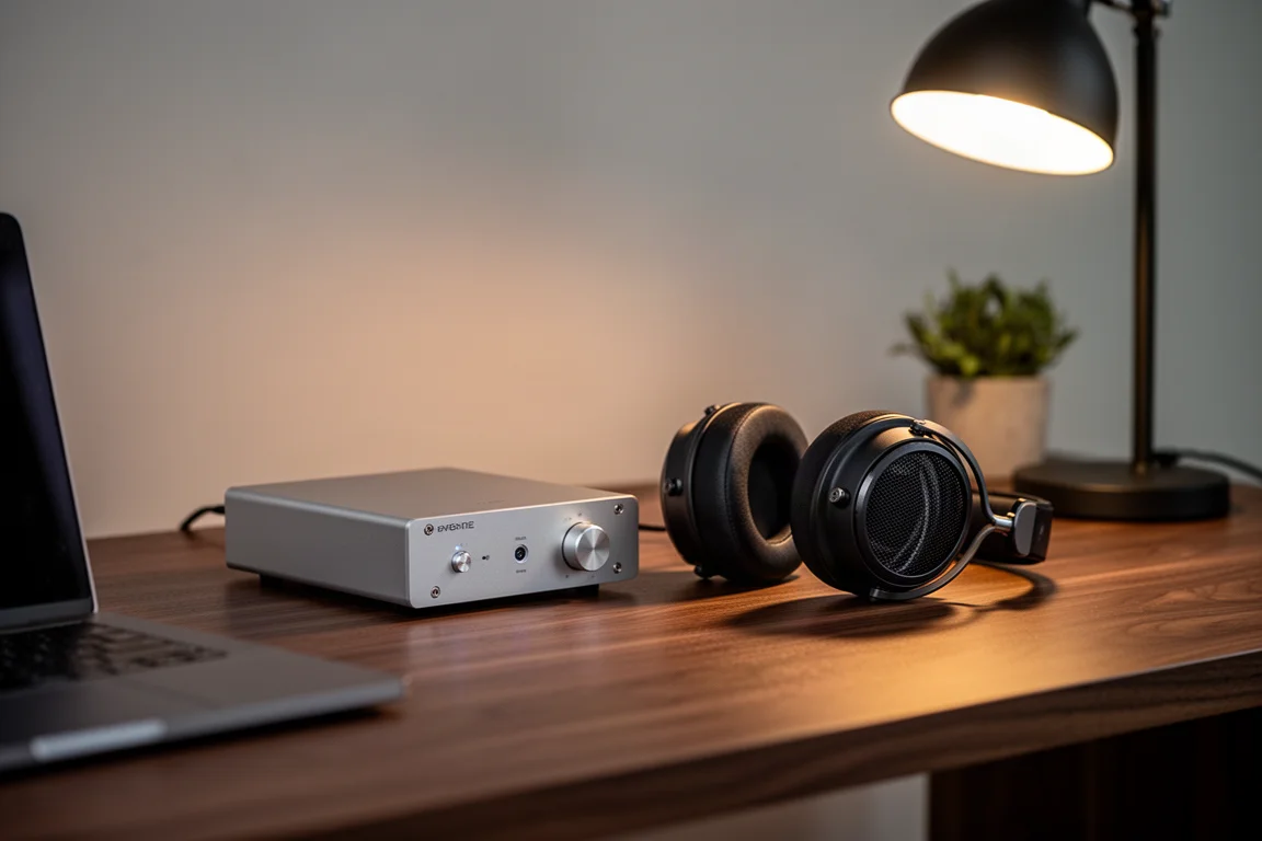 Desktop luisteropstelling met compacte audioapparatuur, open-back hoofdtelefoons en warm lamplicht