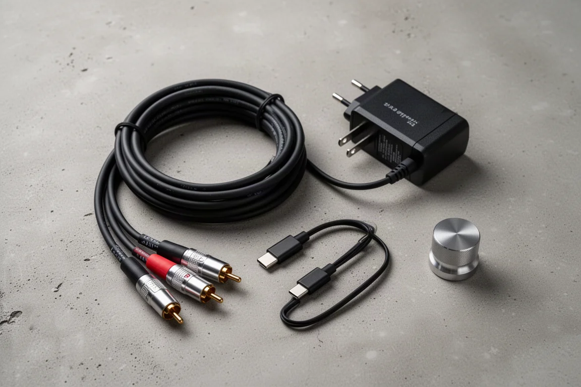 Overhead flat-lay van RCA-interconnects, een stroomadapter en een USB-C-kabel op beton