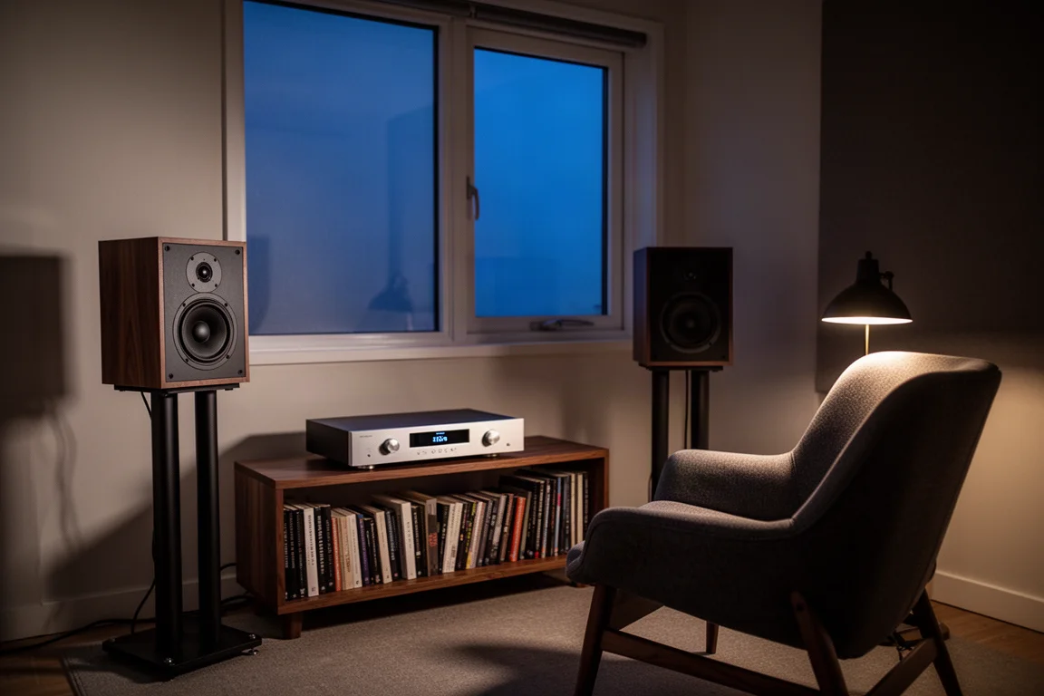 Avondlijke luisterkamer met boekenplankspeakers, een lage houten plank en warm lamplicht