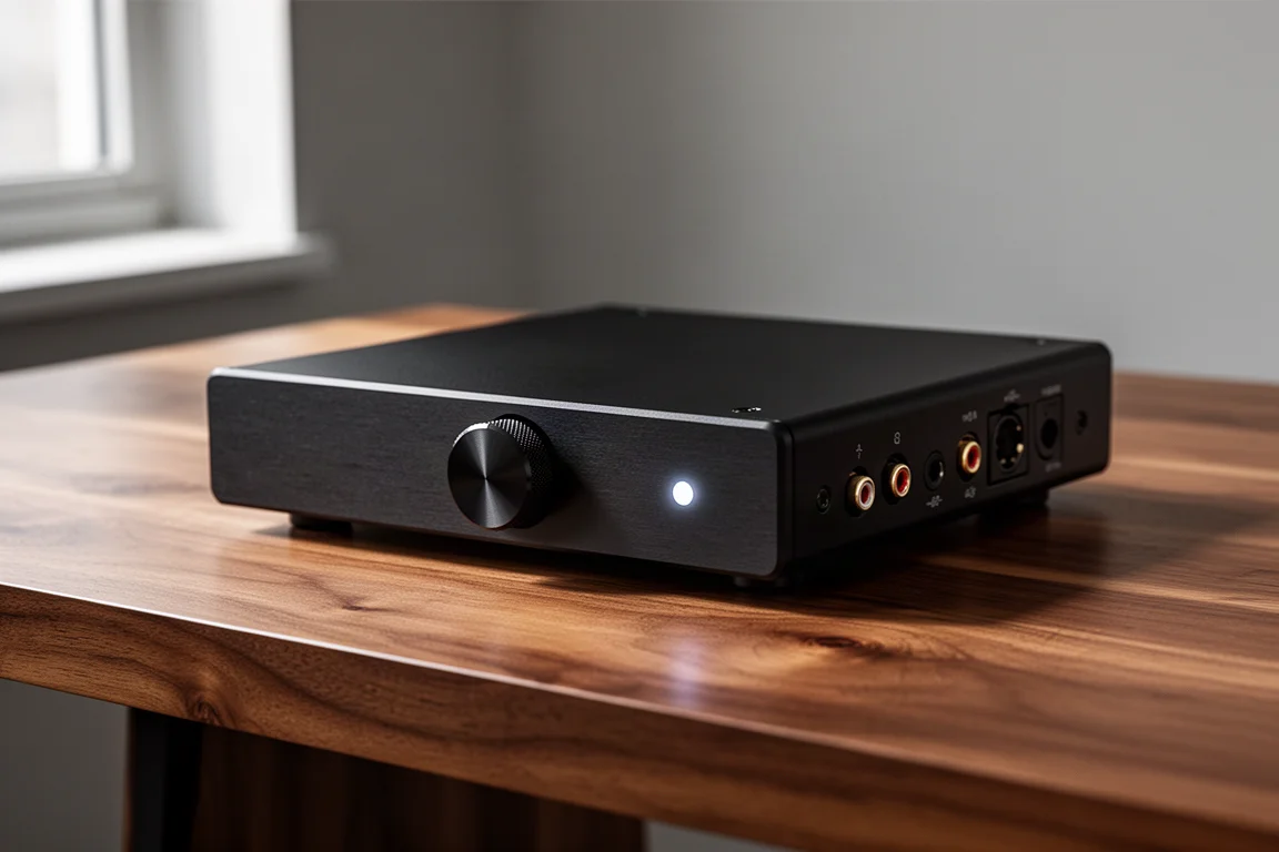 Compact desktop DAC in a slim black chassis on a walnut desk in soft window light