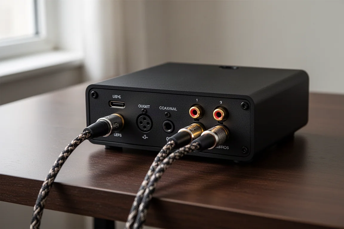 Rückseite eines kompakten Desktop-Kopfhörerverstärkers mit USB-C-, optischen und koaxialen Anschlüssen