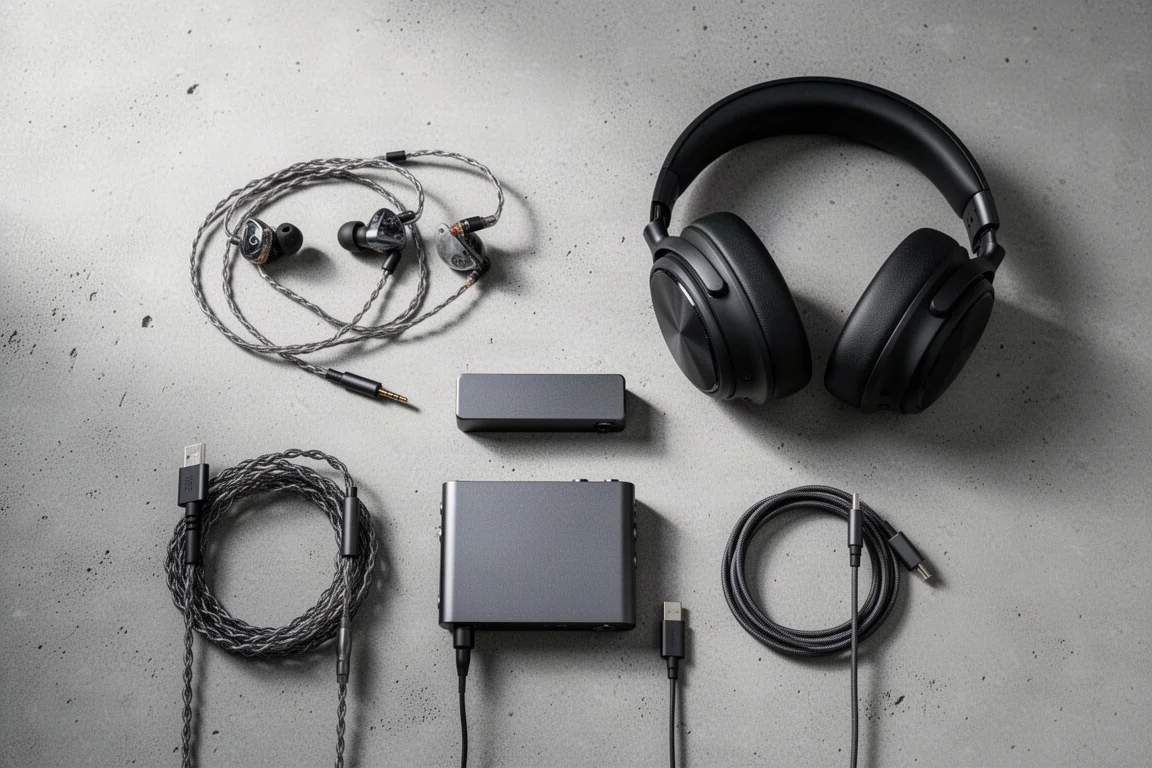 Flache Anordnung von In-Ear-Monitoren, Over-Ear-Kopfhörern und einem kompakten Verstärker auf Beton