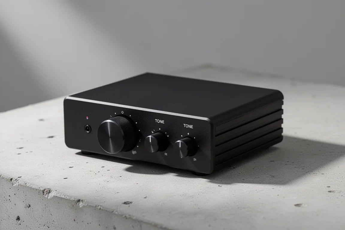 Compact matte black desktop DAC and headphone amplifier on a pale concrete surface