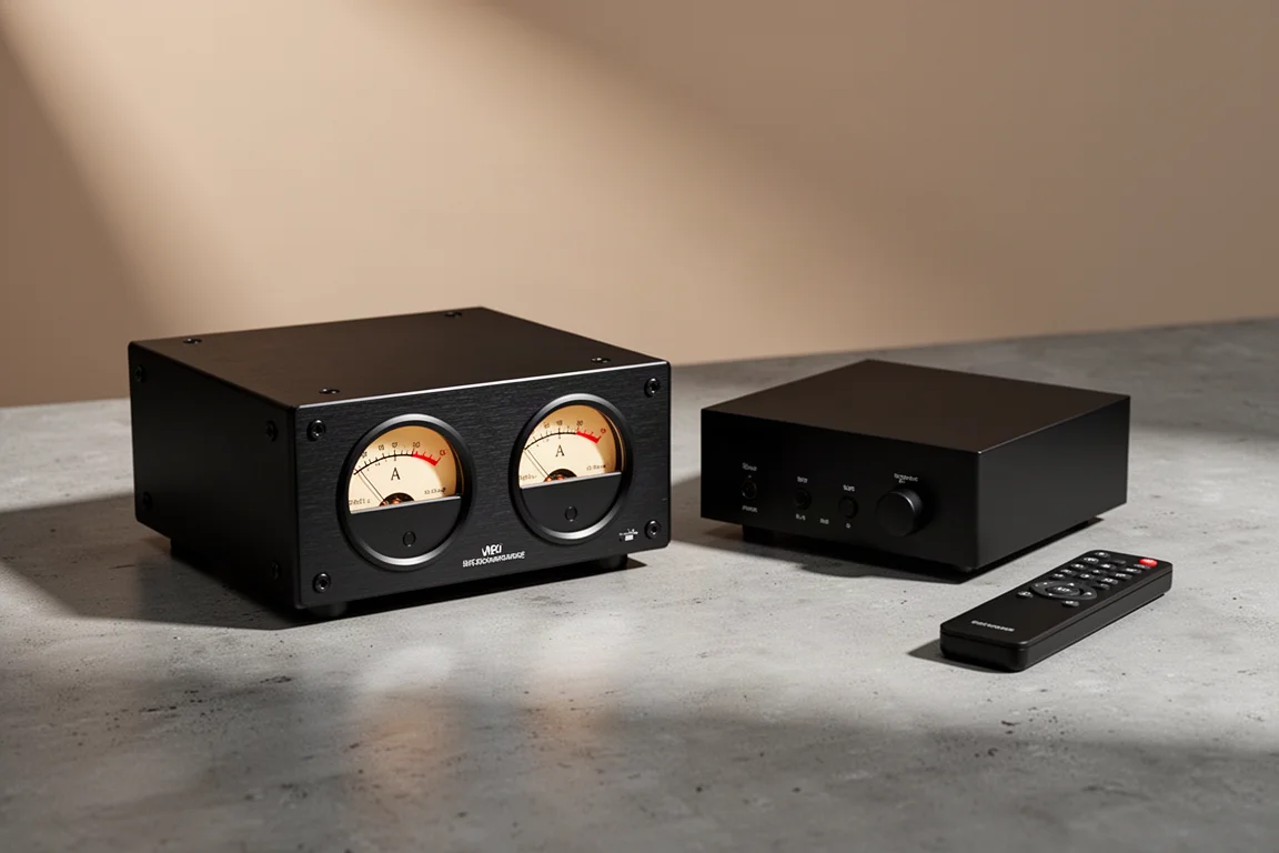 Two black hi-fi switcher units and a remote control on a matte concrete surface