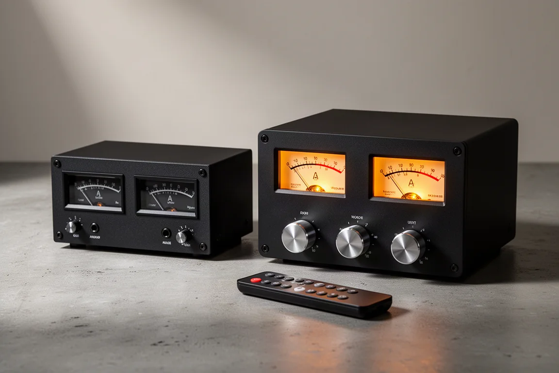Two compact audio switchers with glowing VU meters and a remote on a concrete surface