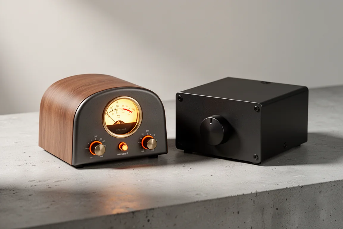 Two compact desktop amplifiers, one retro with a VU meter and one plain black, on concrete