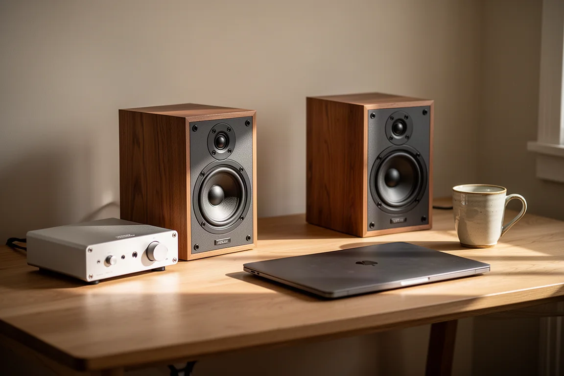Kompaktes Desktop-Hi-Fi-Setup mit kleinen Lautsprechern und einem Verstärker auf einem Holzschreibtisch in warmem Licht