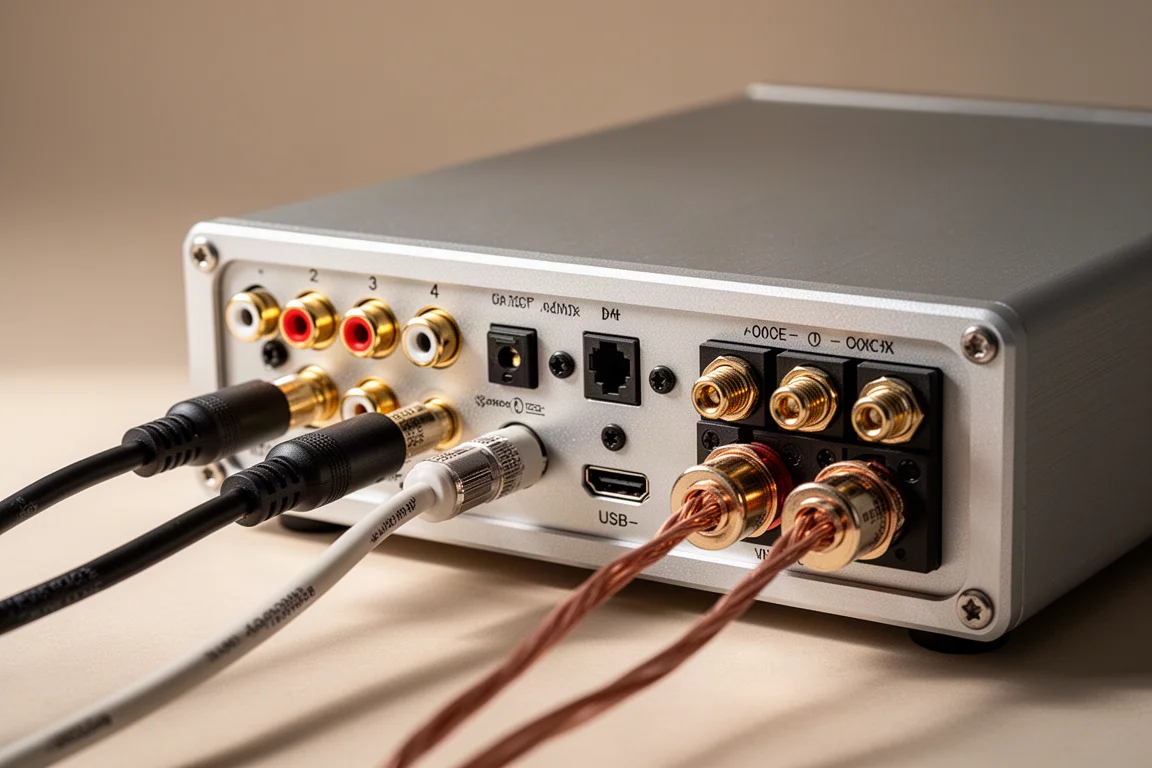 Rückseite eines kompakten Aluminium-Verstärkers mit angeschlossenen RCA-, optischen, koaxialen und USB-C-Kabeln