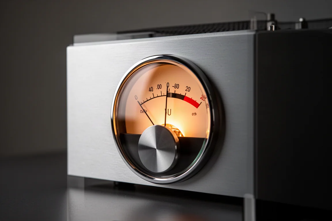 Nahaufnahme einer analogen VU-Meter-Nadel nahe dem oberen Ende der Skala in warmem Licht