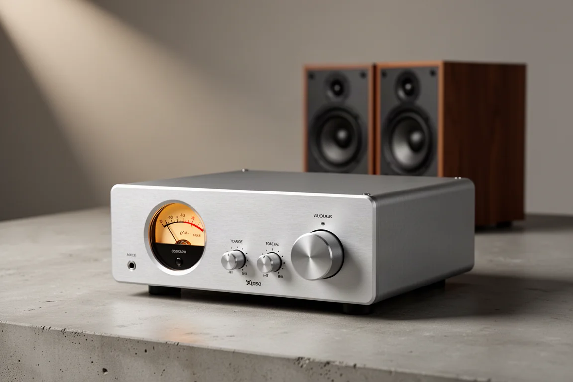 Compact aluminium integrated amplifier with a round VU meter and rotary volume knob on concrete