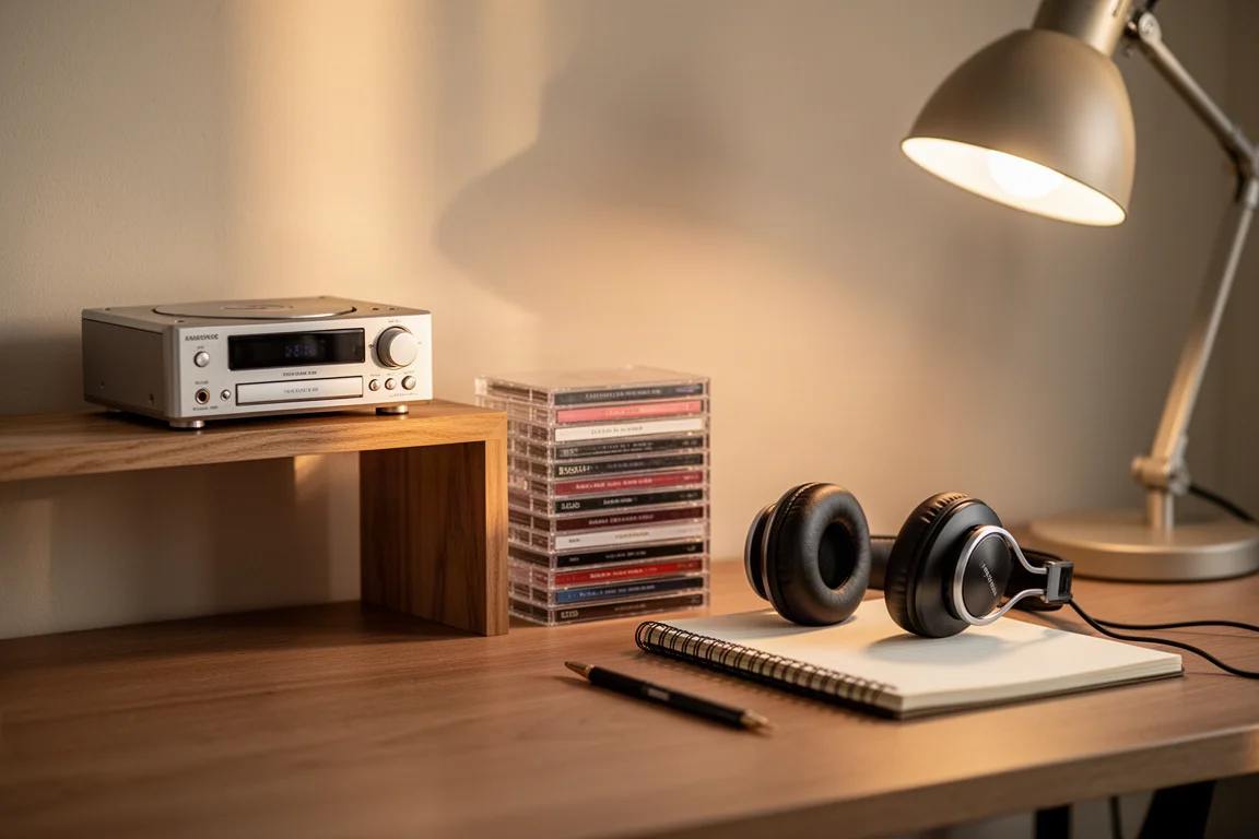 Kleine CD-speler en hoofdtelefoon op een opgeruimd thuiskantoorbureau tijdens golden hour