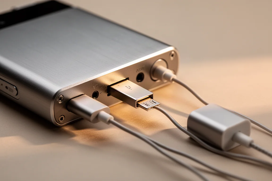 USB-stick in de achterzijde van een compacte metalen audioplayer